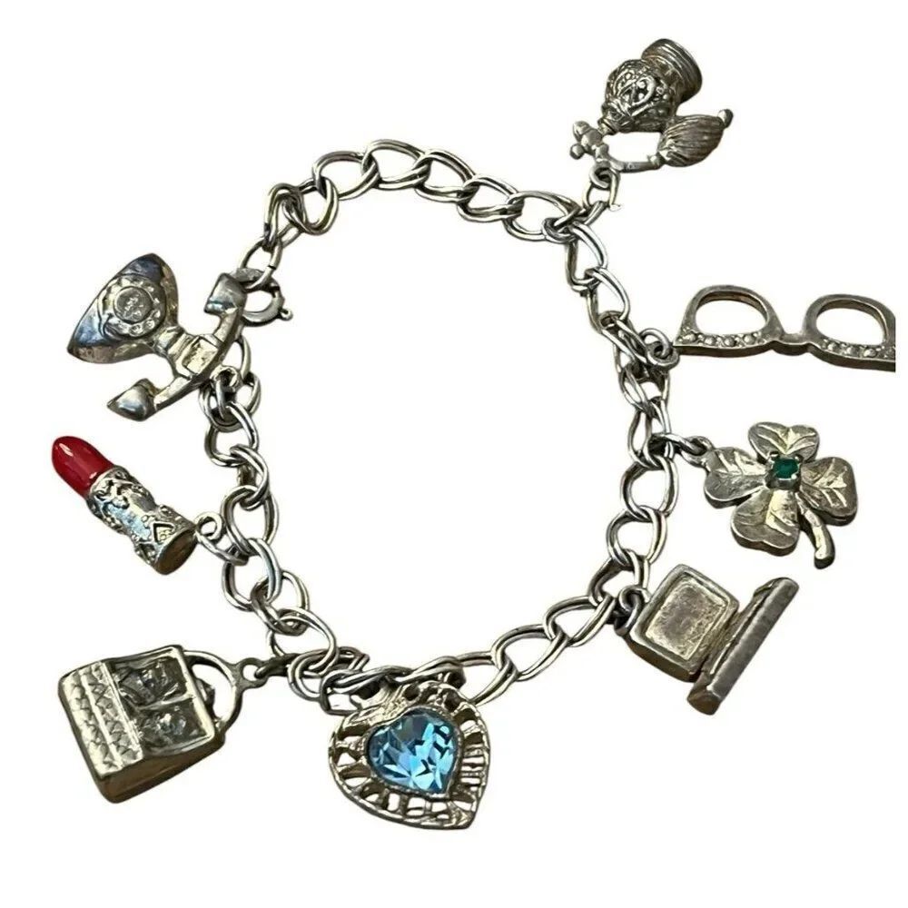 Silver Tone Charm Bracelet W 4 Leaf Clover Laptop Lipstick Perfume Bottle Charms